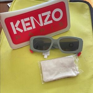 Kenzo Sage Green Rectangular Sunglasses with Red Temple Tips
